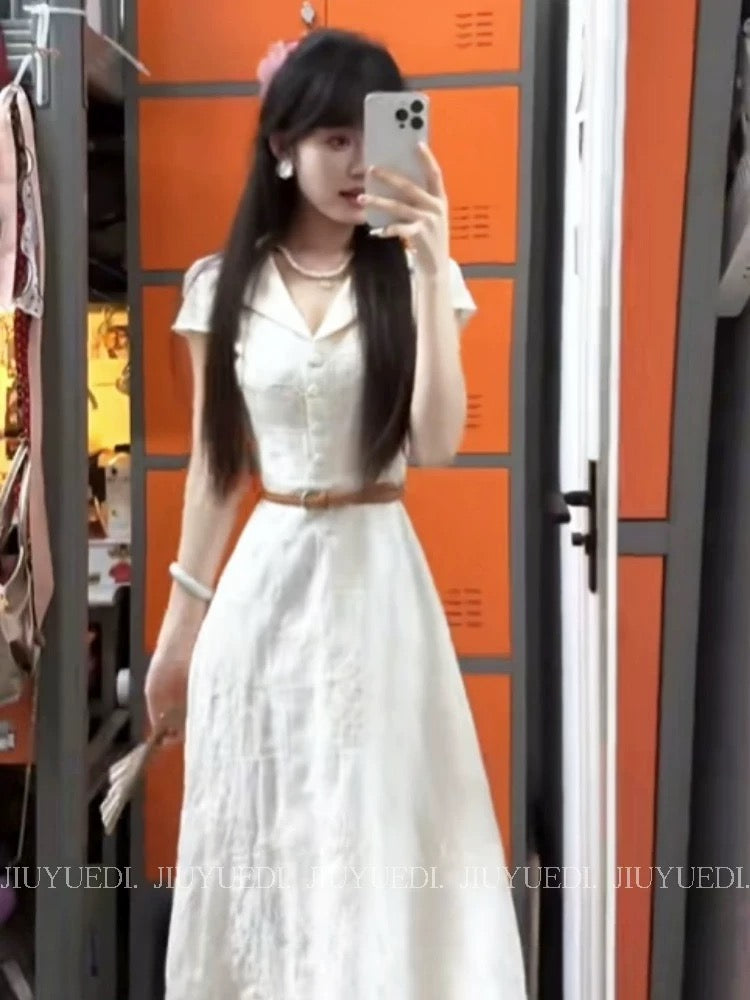 JIUYUEDI Late September Korean Style Gentle White Embroidered Collar Dress, Summer High-End Elegant Waist-Defining Long Dress