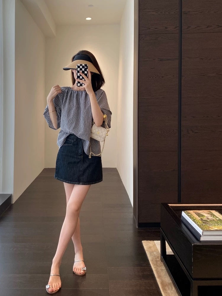 AMR UU◆Retro and fashionable lazy style loose plaid shirt slim short-sleeved women's T-shirt 2024 summer new