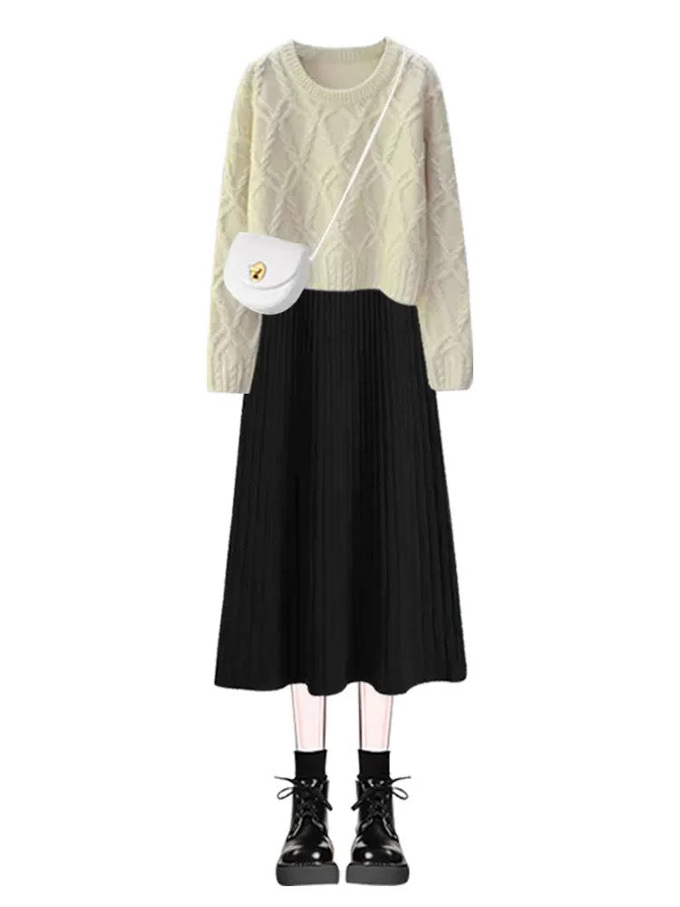 Autumn and winter skirt suit for women, petite, gentle style, milky soft and glutinous knitted sweater, suspender dress, two-piece suit