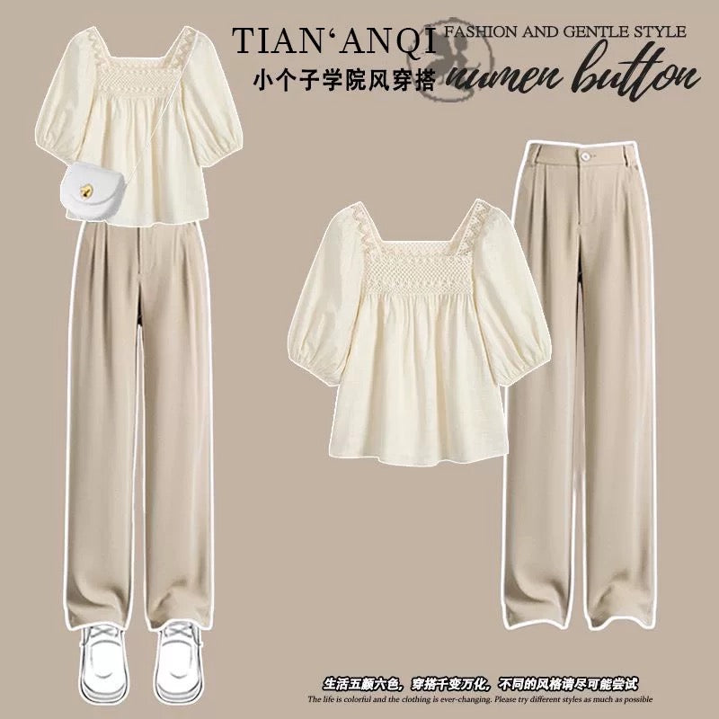 Summer fashion suit for women, petite, salty, mature, plus size, fat mm, slimming, meat-covering shirt, wide-leg pants, two-piece suit