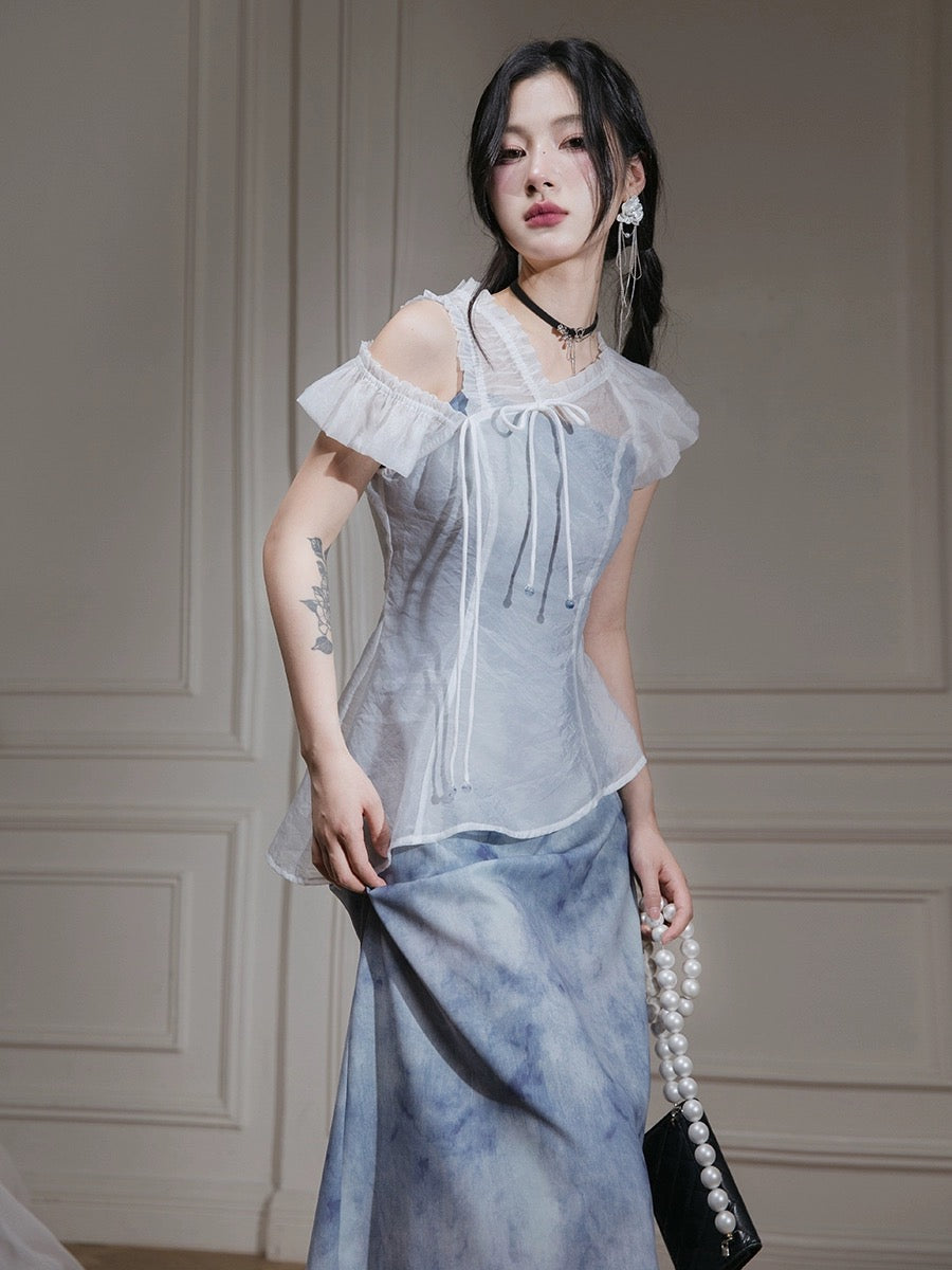 COTRE gauze moon white, star cloud mist blue transparent gauze top + dress two-piece set