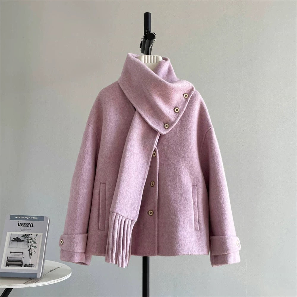 Bluebird detachable two-wear double-sided woolen coat women's woolen coat 2024 scarf small temperament K324