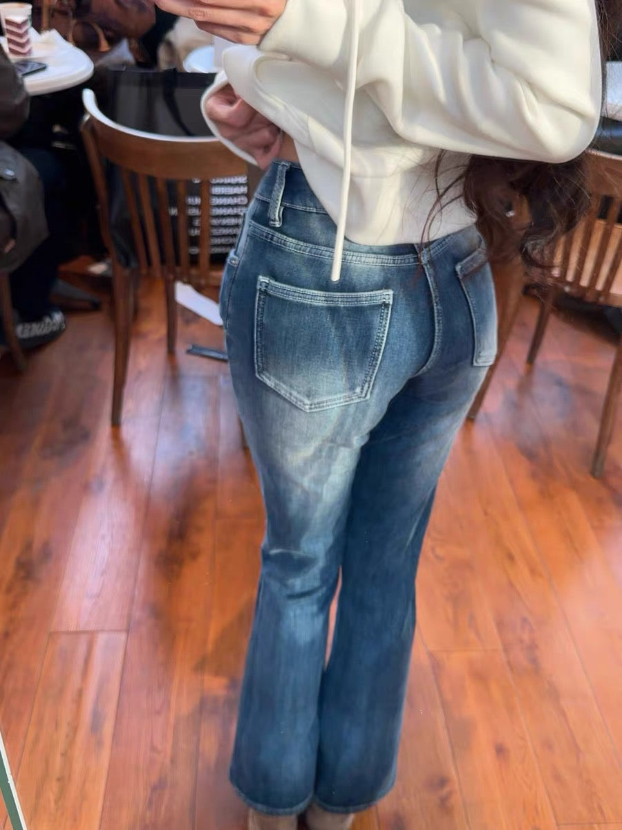 JAMAIS VU — Cozy & Wearable: Warming Denim! Fleece-lined "Dodge Blue" Slimming Bootcut Jeans for Winter Commuting