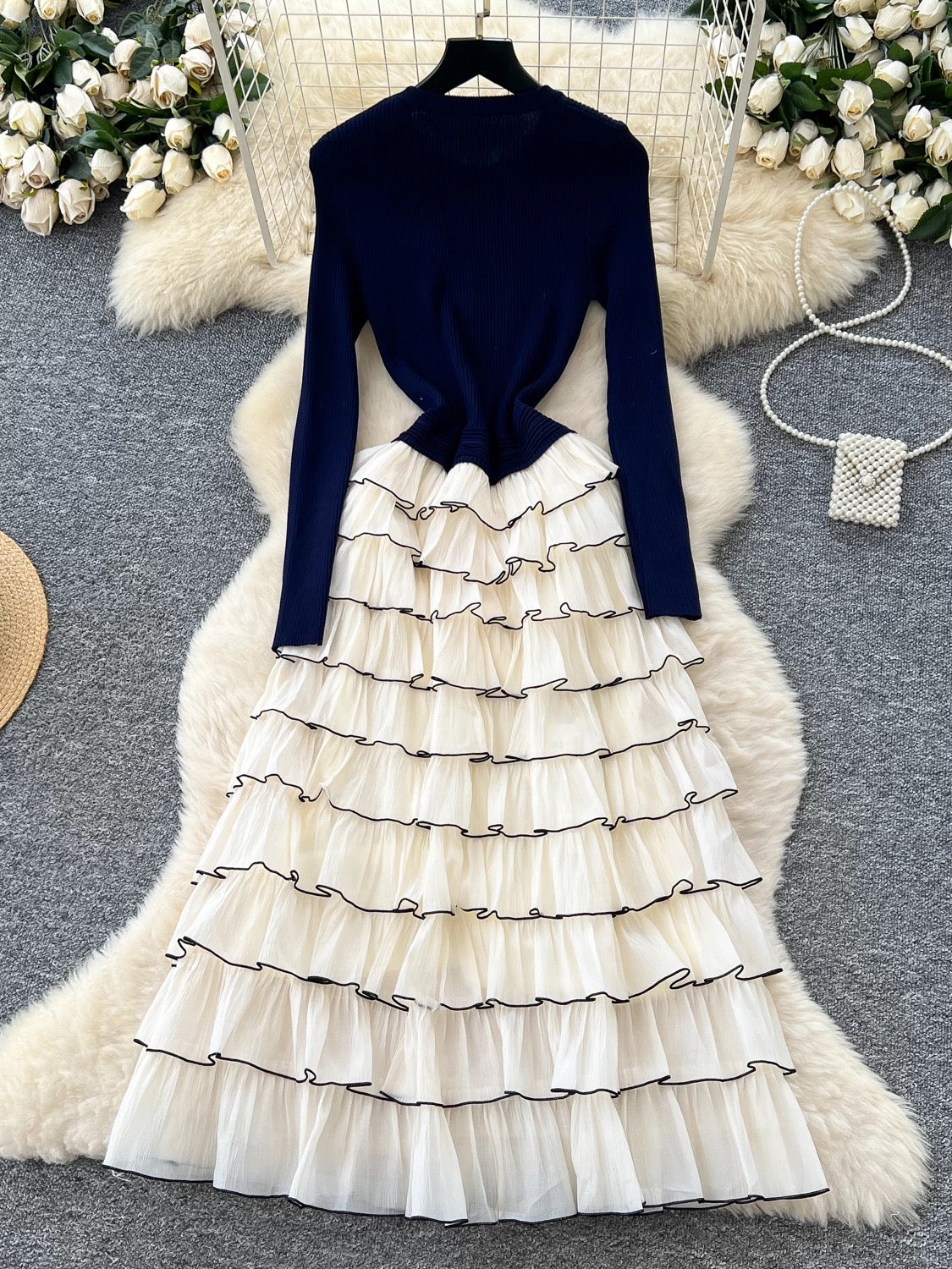 French-style, elegant floral round neck long-sleeved knit patchwork dress with a tiered cake design.