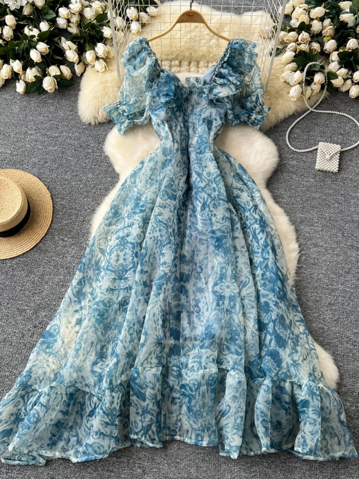 Organza square neck puff sleeve dress, French style, ethereal and elegant, waist-cinching, ruffled, full-length vacation dress.