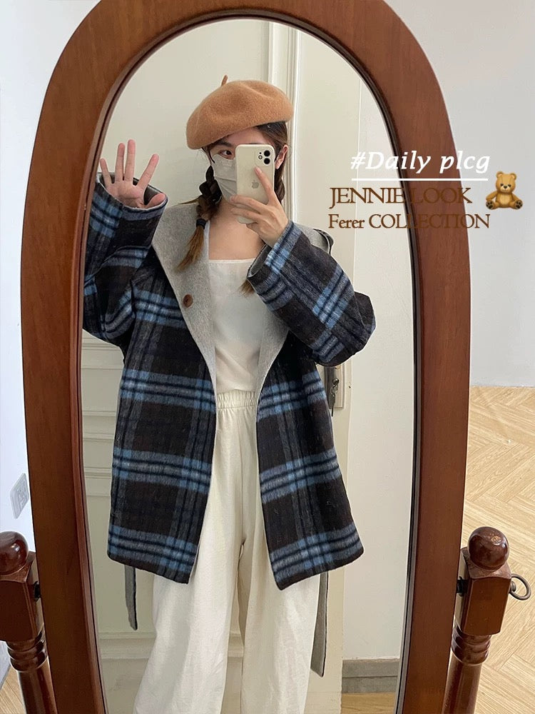 Saturn hooded two-way plaid double-faced wool velvet coat short female petite age-reducing Korean woolen coat K489