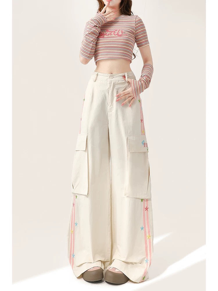 White overalls for women in summer new style embroidered design loose straight wide leg casual sports striped long pants