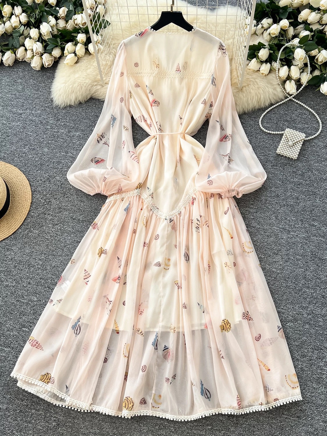 French retro court style dress for women, high-end lace patchwork, belted waist, lantern sleeves, floral print long dress