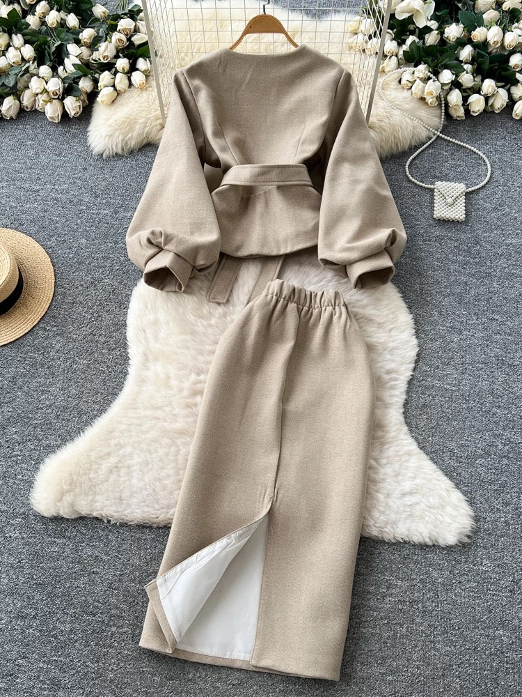 French-style women's autumn/winter sophisticated three-dimensional floral tie-waist lantern sleeve top and high-waisted bodycon skirt