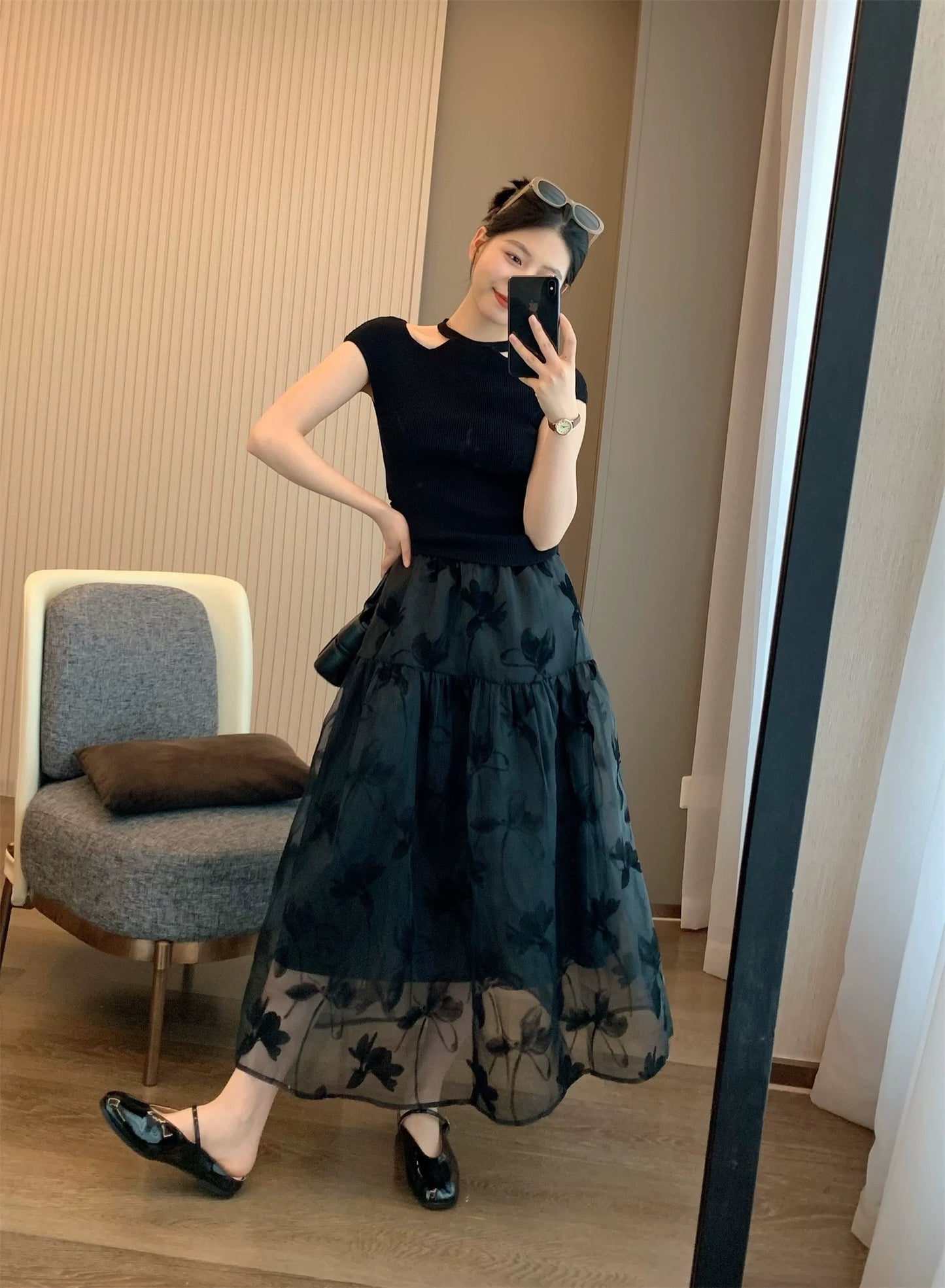 SJ.shop Domestic orders! Heavy flower-burning craftsmanship ~ high-waist slim design organza tutu skirt