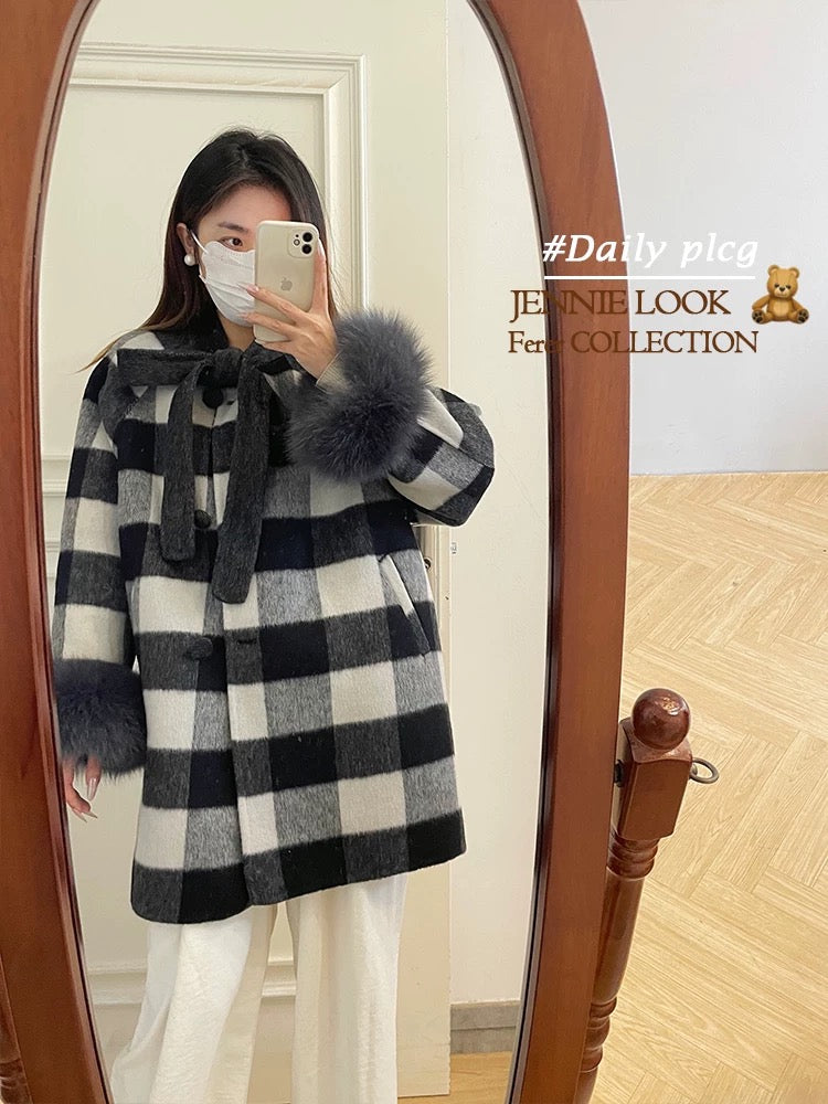 Piano key autumn and winter woolen coat women's cloak fox fur temperament bow double-sided wool velvet coat K606