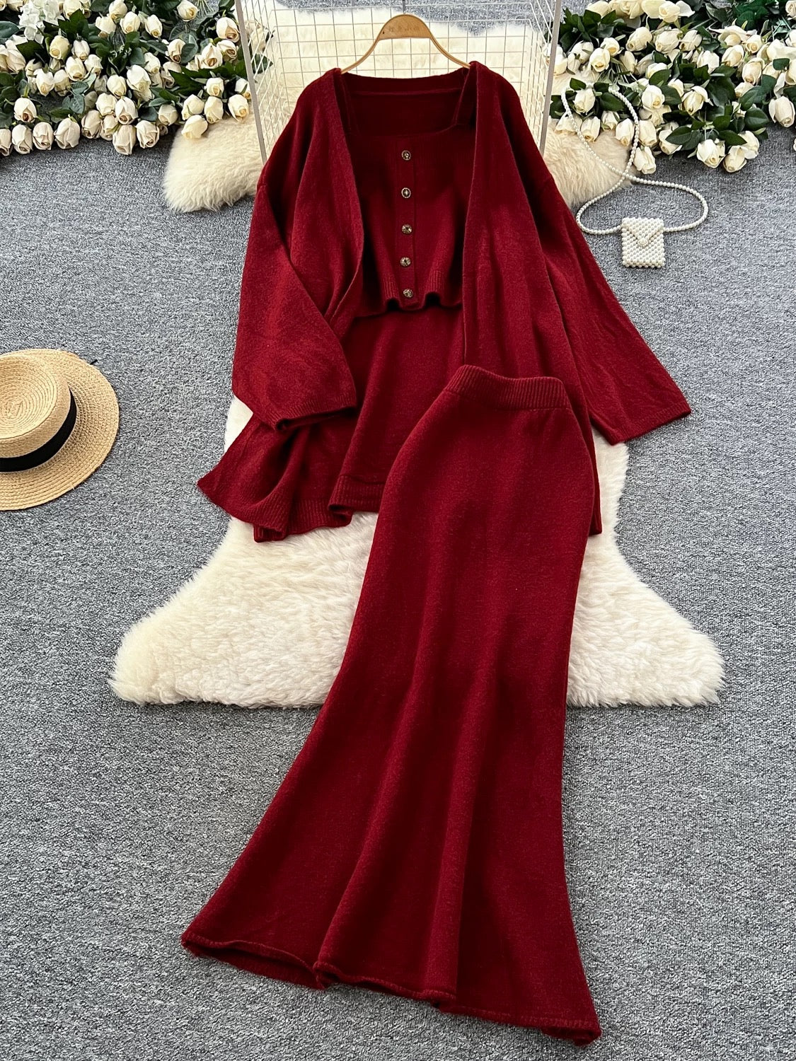 Lazy Style Casual Suit for Women - Loose Fit, Versatile, Sleeveless Square Neck Vest, Loose Outerwear, Knitted Cardigan, Skirt