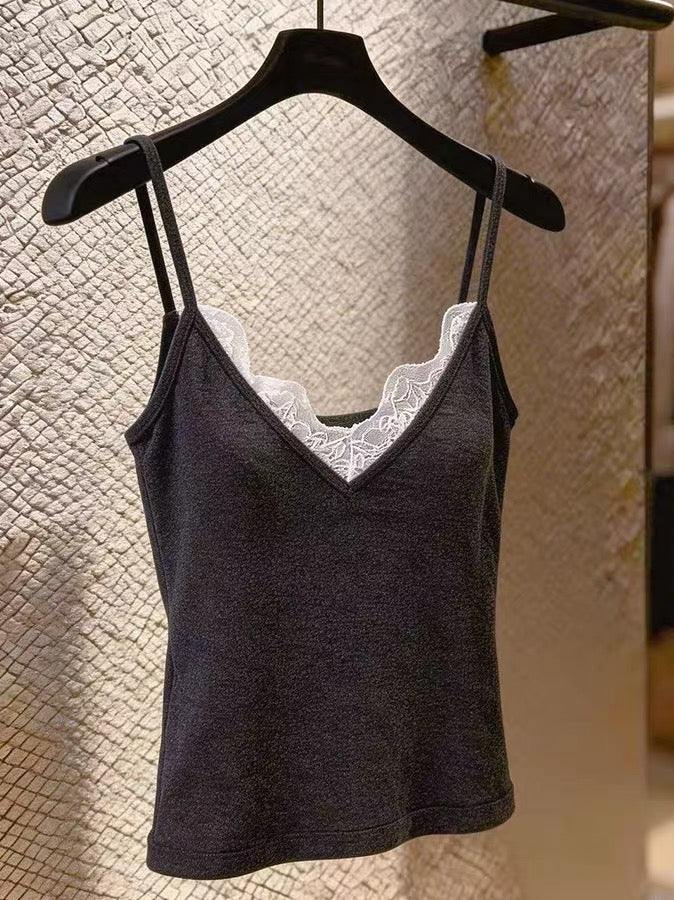 Women's Summer V-Neck Camisole with Black Lace Paneling – A Sexy, Alluring Top Suitable for Layering or Wearing Solo
