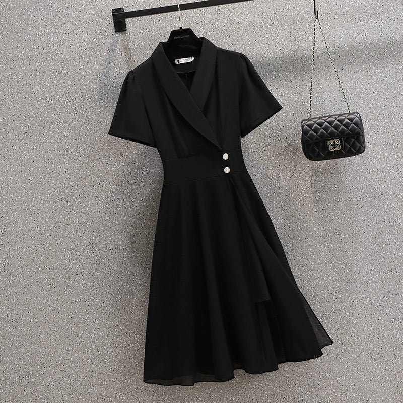Large size 2024 new summer style fat girl fashion temperament suit collar waist slimming belly-covering slit dress for women