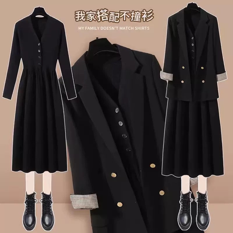 2024 new autumn and winter brown loose suit jacket women's slim knitted dress casual suit two-piece suit