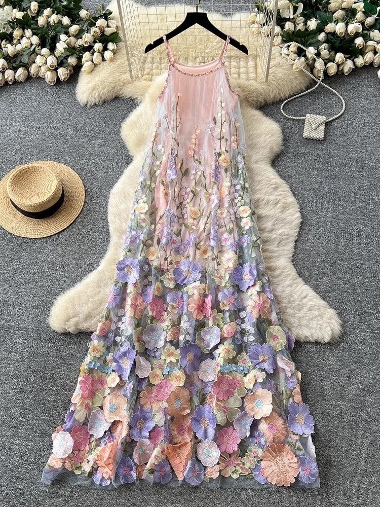 Super ethereal 3D floral embroidered mesh dress, summer sleeveless A-line elegant long dress, slimming and stunning gown.