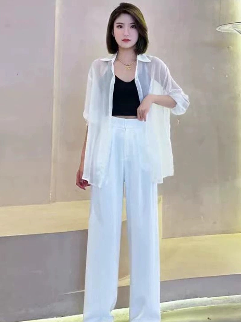 European online celebrity fashion sunscreen suit women's summer thin section micro-permeable long-sleeved shirt high waist drape wide-leg pants two-piece set