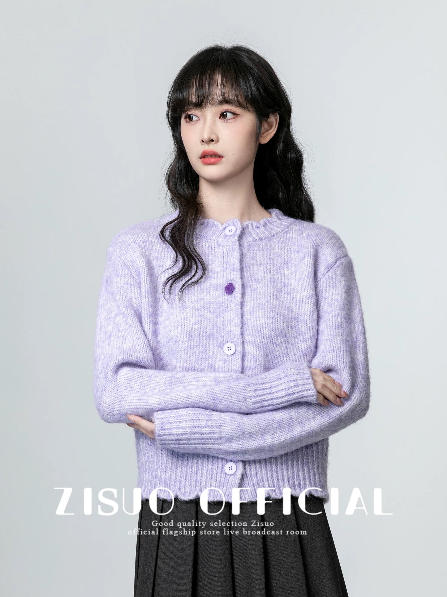 Taro purple round neck sweater jacket for women 2024 autumn and winter new style loose soft waxy thickened knitted cardigan short top