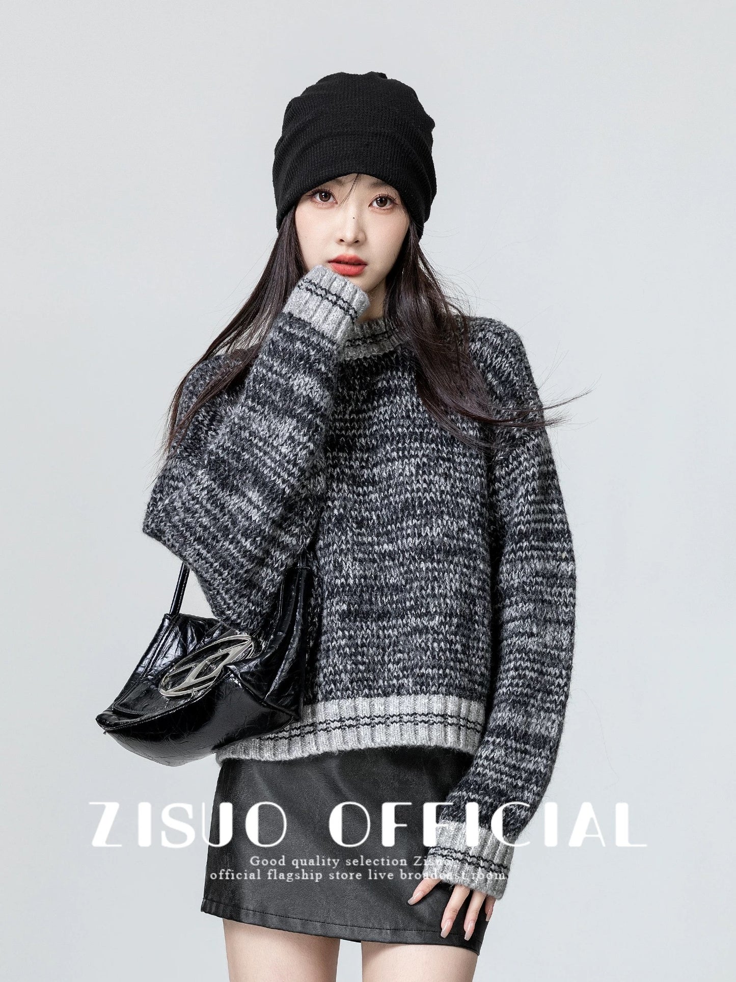 Retro American gray round neck sweater for women 2024 autumn and winter new loose thickened pullover sweater short top