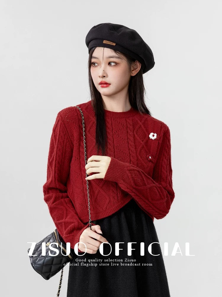 2024 Spring and Autumn New Irregular Red Round Neck Sweater Women's Design Niche Short Knitted Sweater Chic Top