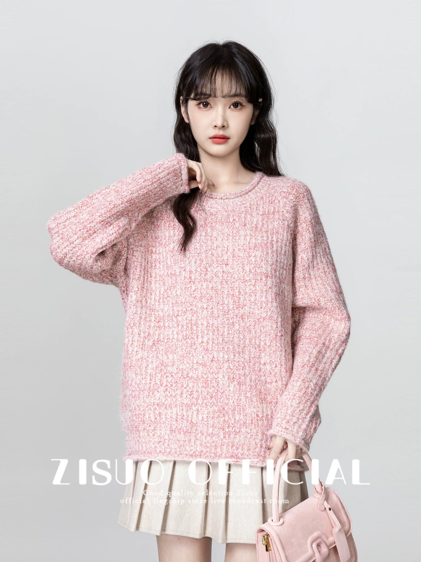 Pink round neck pullover sweater for women 2024 autumn and winter new loose, lazy, soft and waxy thickened sweater outer top
