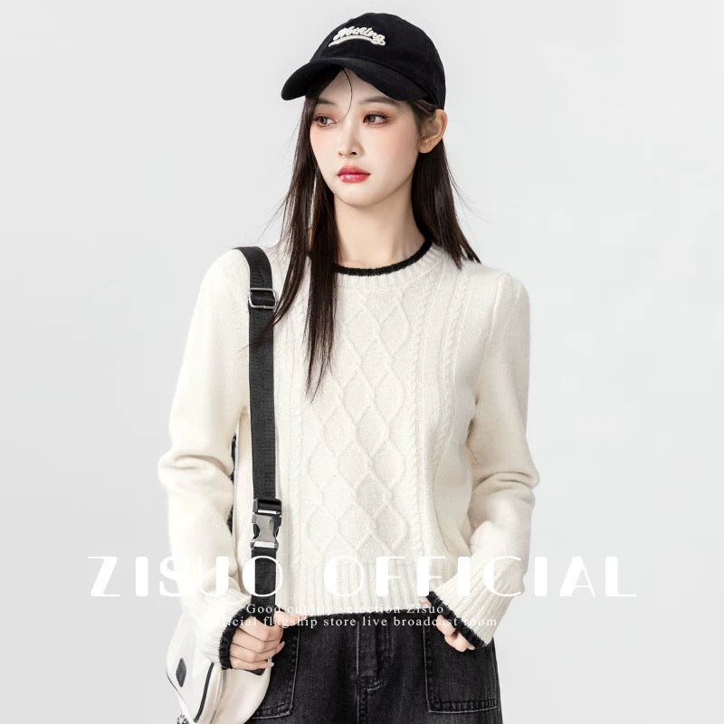 2024 autumn and winter new diamond round neck sweater women's winter thickened versatile bottoming sweater off-white short top