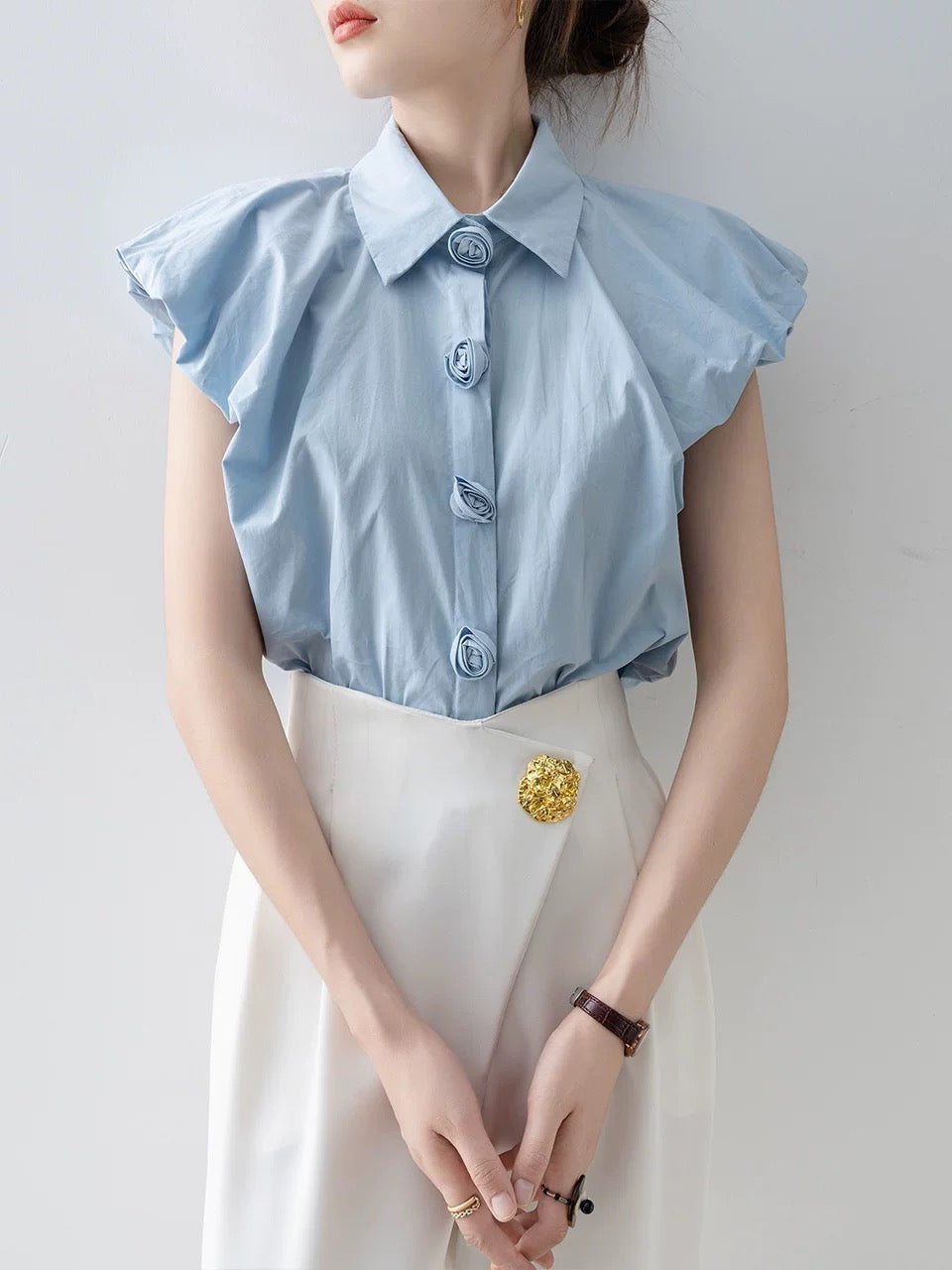French blue polo collar short-sleeved shirt for women 2025 summer new style shirt stylish high-end chic small shirt top