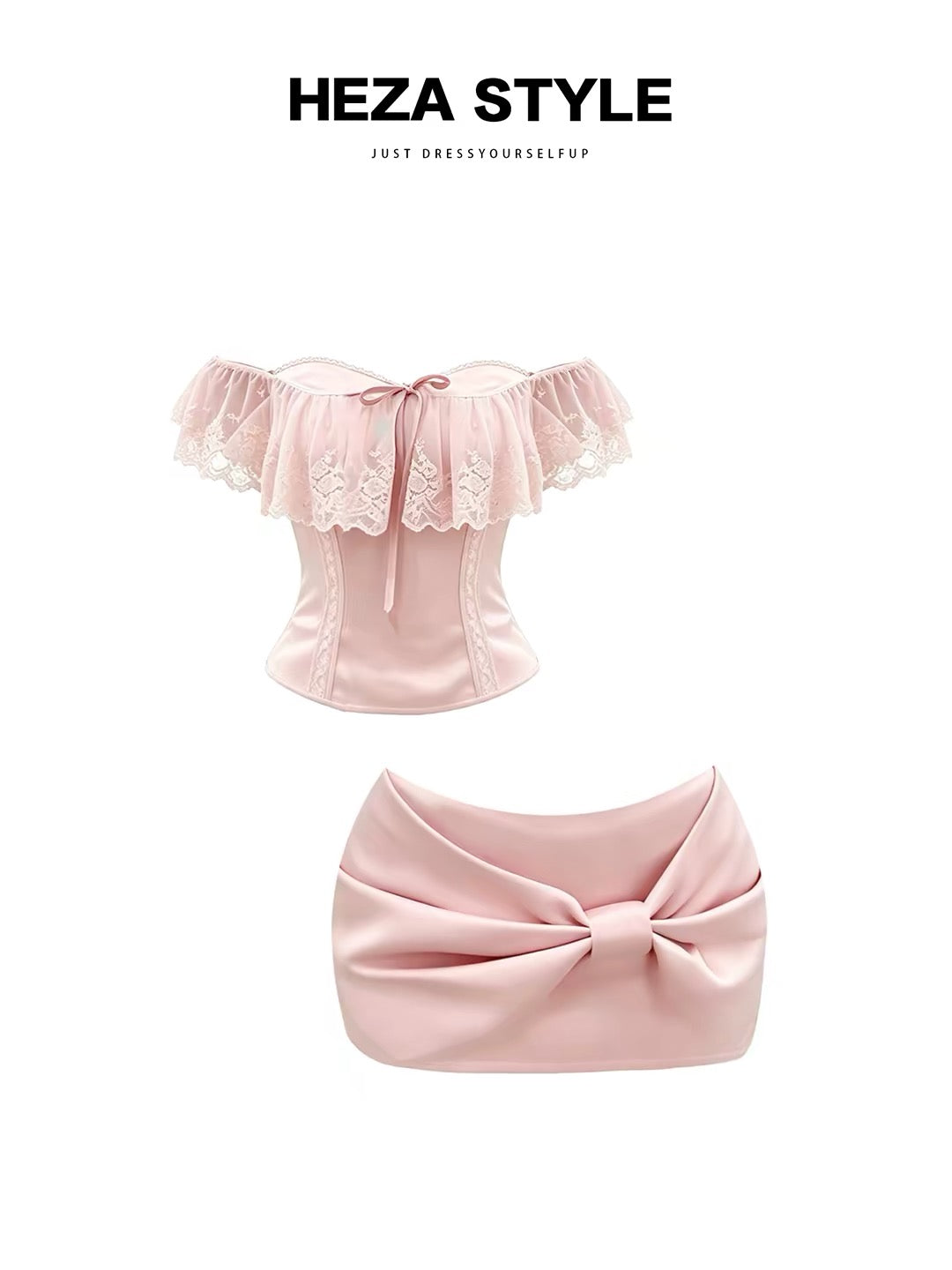 HEZA Women's Summer Set: Off-Shoulder Lace-Panel Top (French-style, sweet & alluring, flattering fit) & High-Waisted Bodycon Skirt