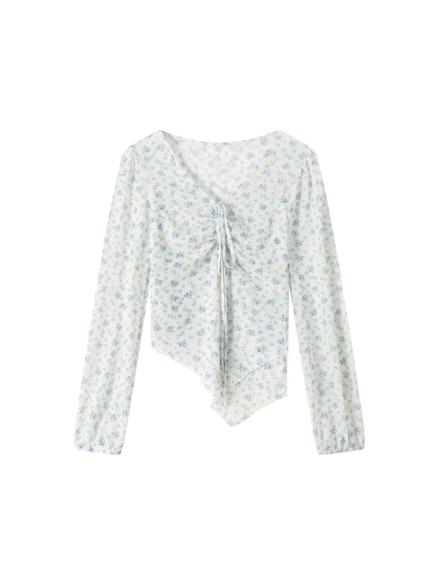 Xie Burou Irregular Floral Print Slightly Sheer V-Neck Ruffled Long-Sleeve T-Shirt for Women, Spring Style, Korean Casual Top