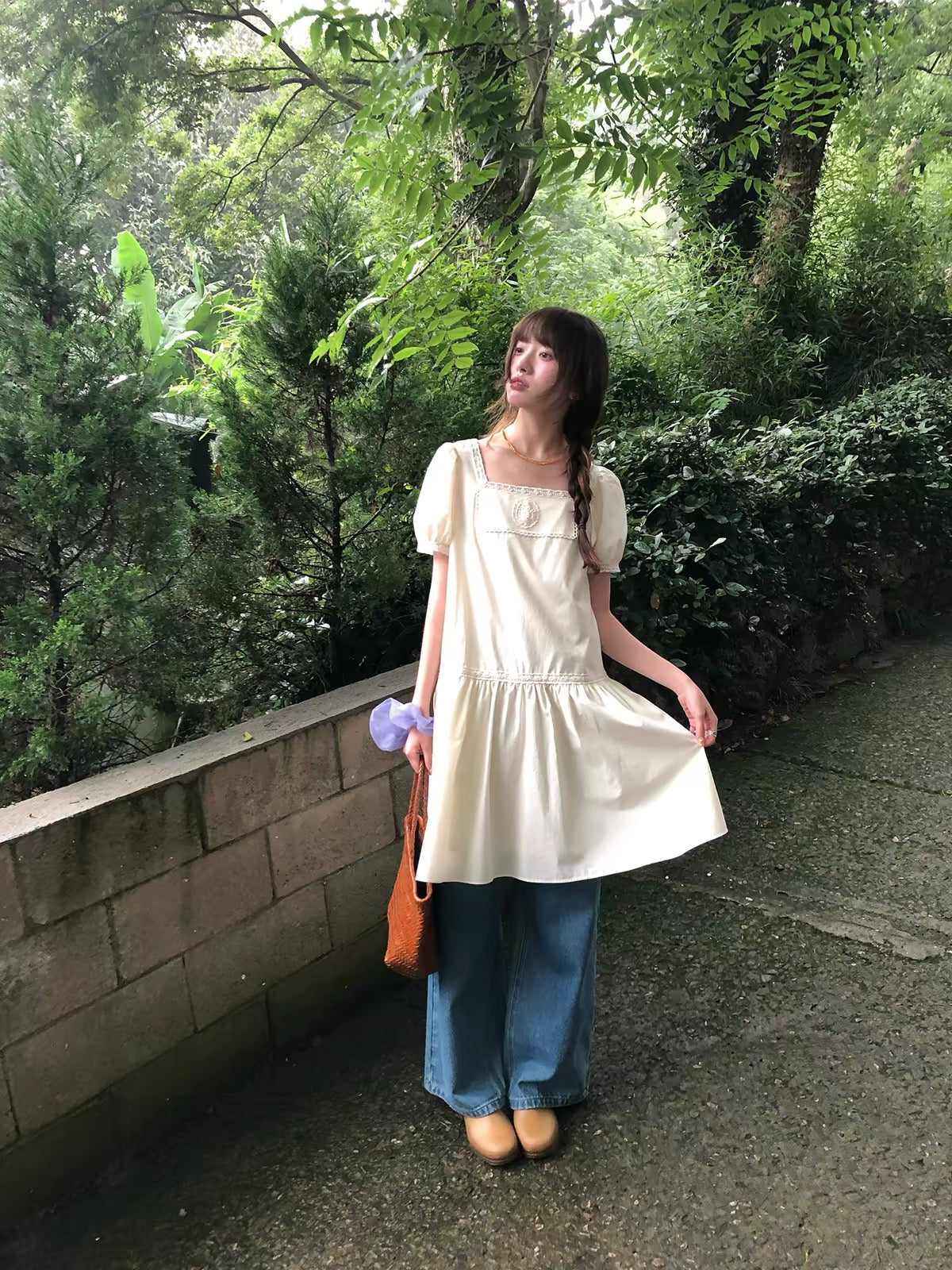 RAINY Soft French-Style Crochet Jacquard Dress – Women's Summer Long Dress with Square Neck and Lace Cut-Out Details
