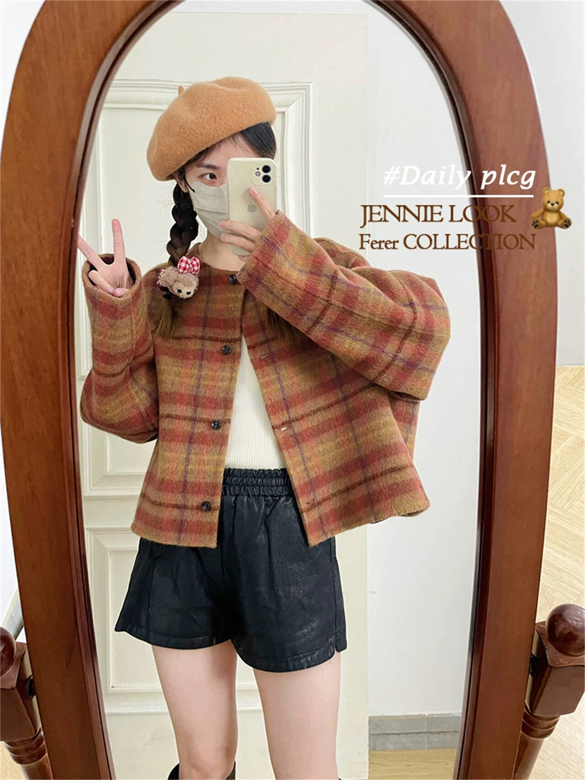 Rotten Tomatoes Autumn Loose Round Neck Plaid Woolen Coat Women's Short Double-faced Wool Plush Coat K541