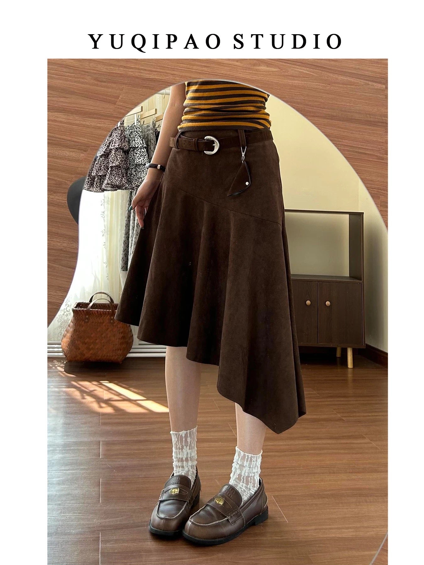 Plus-size suede midi skirt in brown for autumn and winter, A-line style, irregular length.