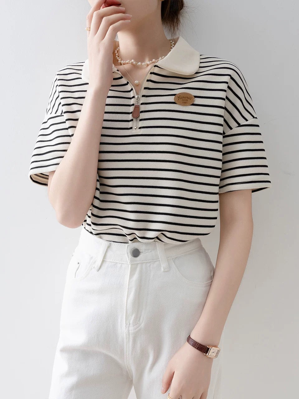 Striped polo shirt tops for women 2025 new hot style summer straight shoulder this year's popular beautiful short-sleeved T-shirt