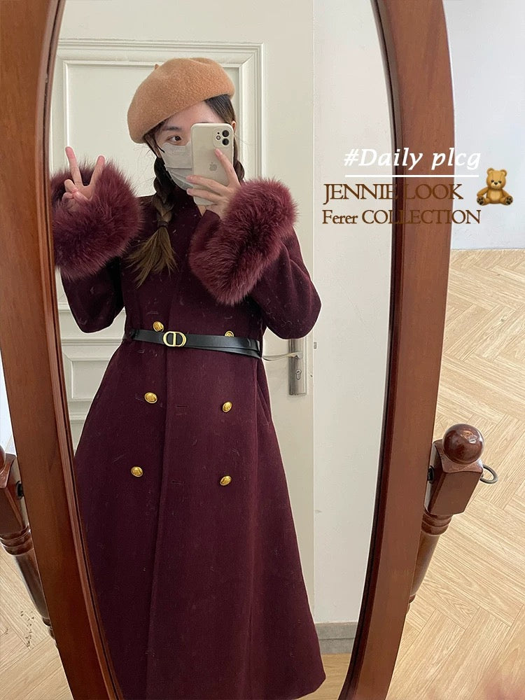 Royal sister style double-sided wool coat women's wool coat autumn and winter mid-length fox fur belt gold buckle N49