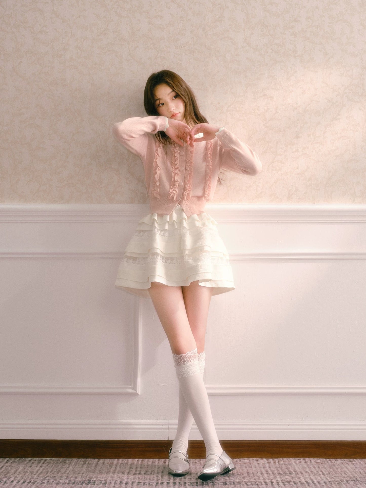 RECIT White Textured Rose Jacquard Heavy Lace Patchwork Multi-Layer Puffy Cake Skirt