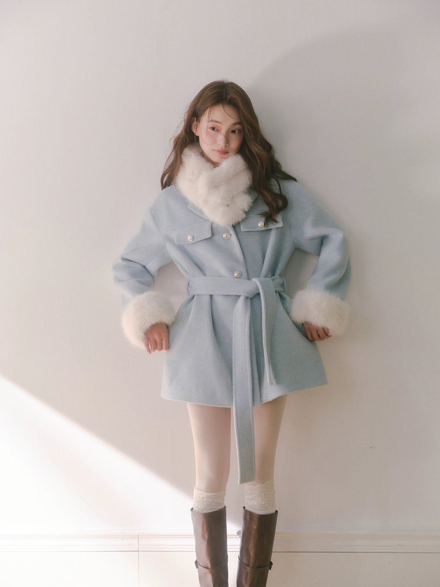 RECIT Iceland Blue Detachable Fur Collar Women's Winter Belted Mid-Length Wool Coat