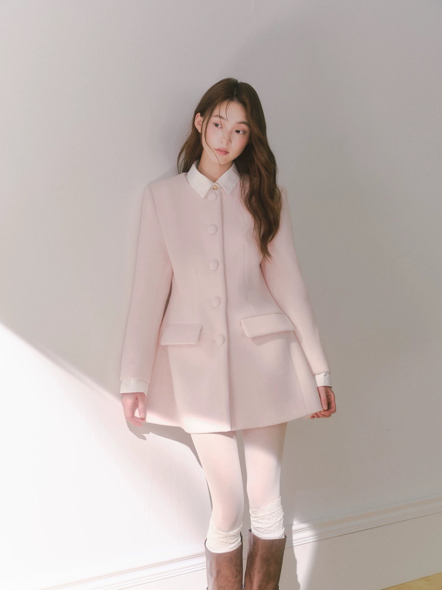 RECIT Light Pink Elegant Wool Coat for Women, Winter Style, Faux Two-Piece Shirt Collar, Mid-Length Wool Coat