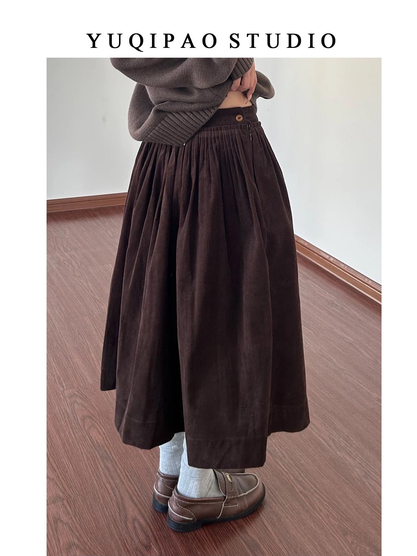 Plus-size corduroy retro brown midi skirt, elastic waist, A-line, slightly chubby, mid-length umbrella skirt, perfect for autumn and winter.