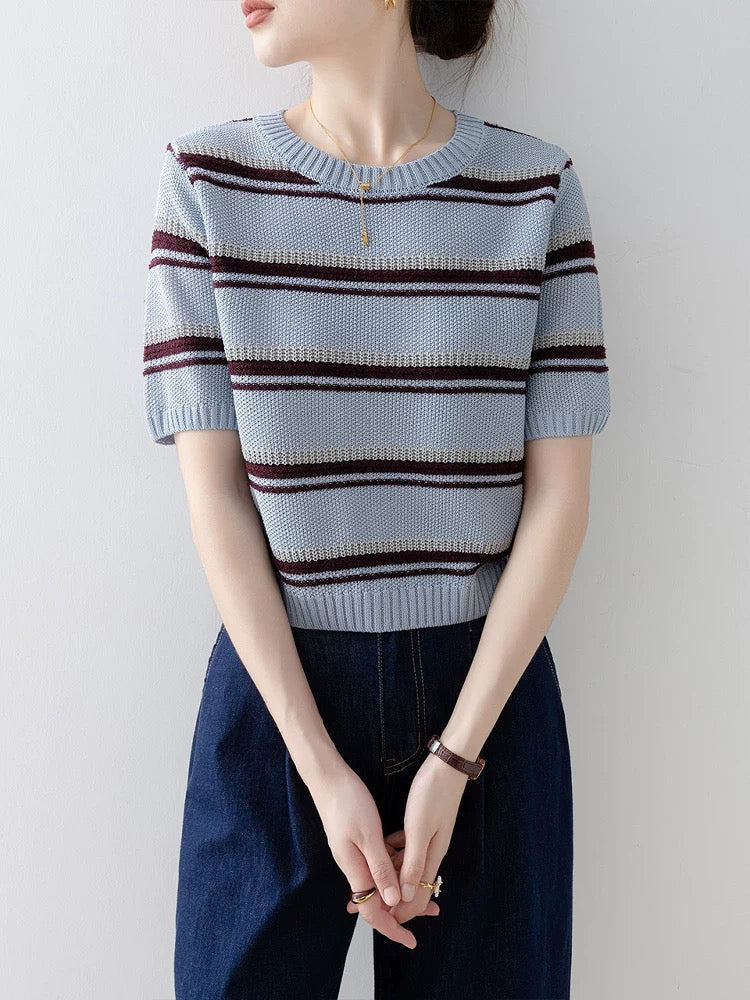 Blue loose round neck striped sweater for women all-match 2025 summer new French design short-sleeved top