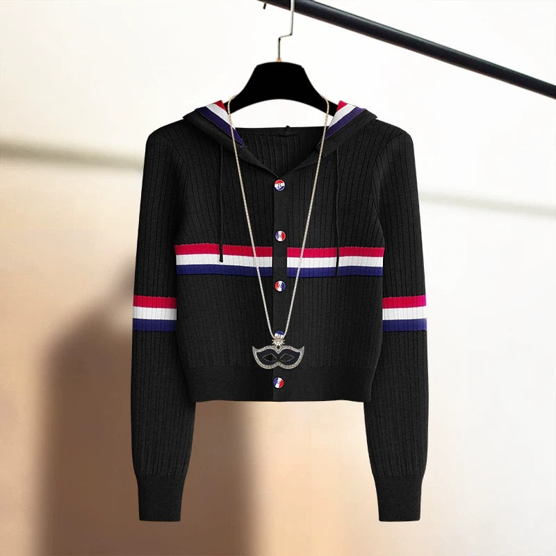 Spring new style contrasting stripes age-reducing college style hooded knitted cardigan for women loose slimming sweater jacket trendy top