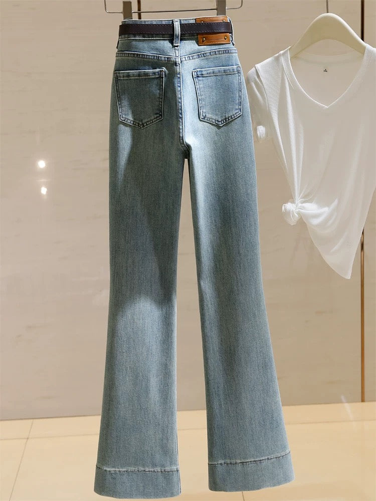 Light blue bootcut jeans for women high waist 2024 spring new Korean style versatile stretch slimming horseshoe flared pants