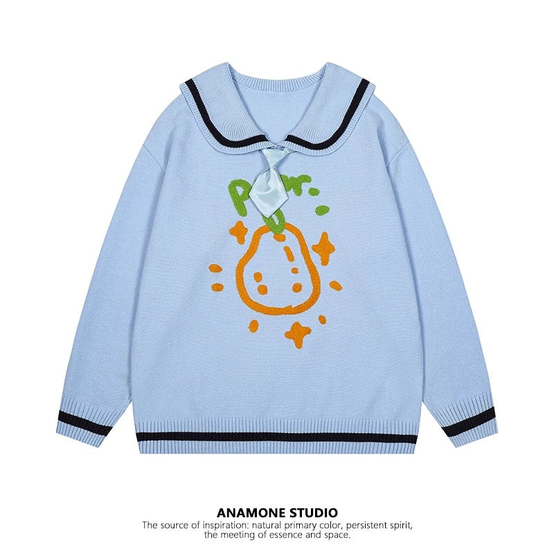 ANAMONE sweet and cute style navy collar sweater women autumn loose slim lazy style cartoon print retro