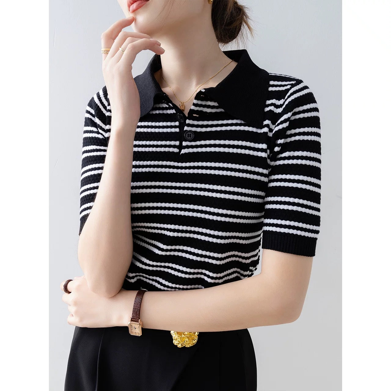 Ice silk knitted short-sleeved T-shirt for women 2024 new summer loose niche unique polo shirt striped top