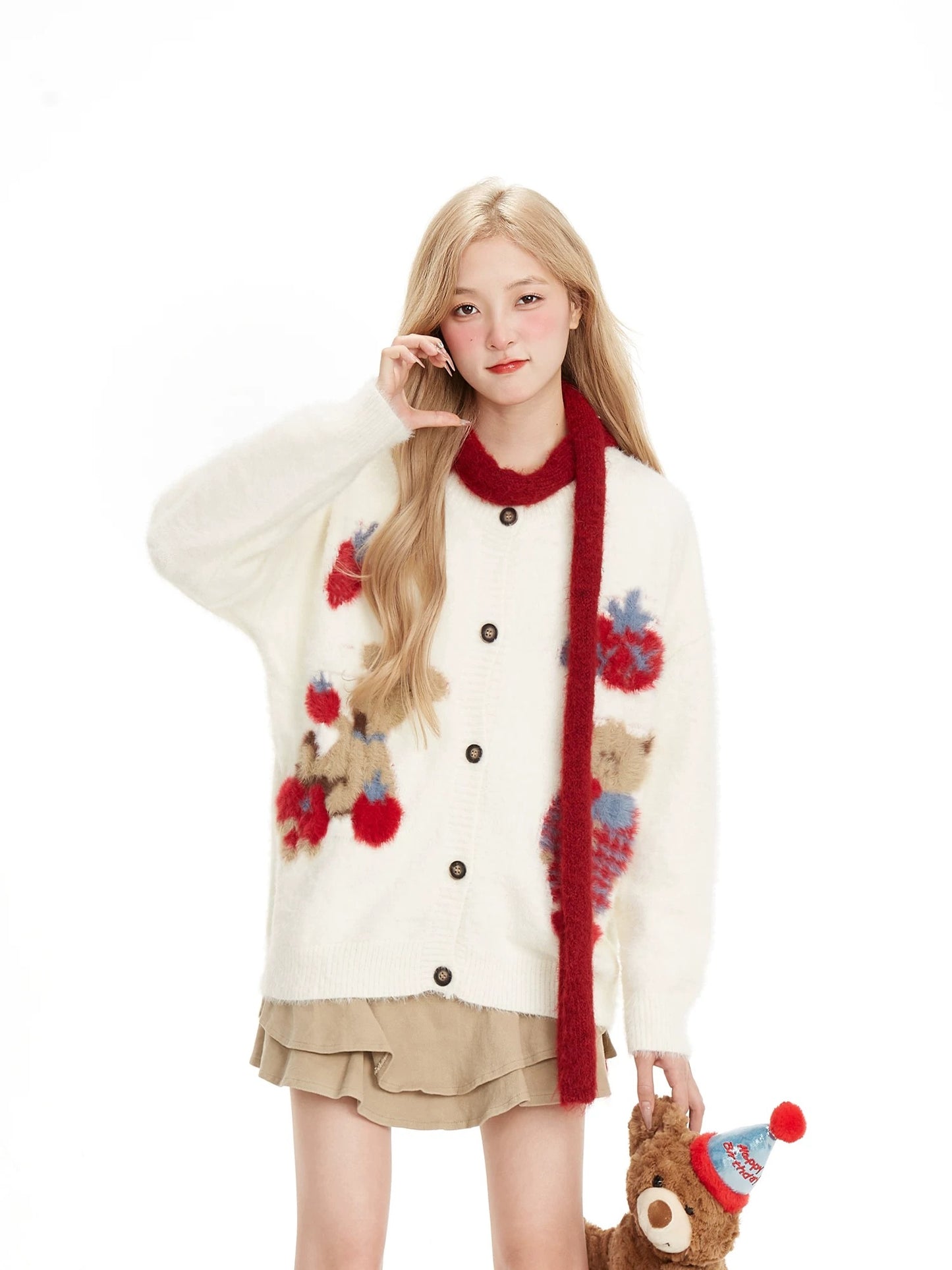 NERESUM Soft and Cuddly Bear Jacquard Button-Down Cardigan Sweater Women's Autumn and Winter Design Gentle Style Knitwear Coat