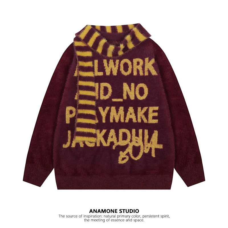 ANAMONE American retro style scarf sweater women's autumn and winter soft mohair loose lazy letters unique