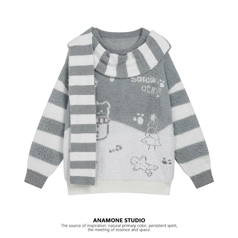 ANAMONE soft and sticky scarf cute style sweater women 2025 autumn loose lazy design niche unique