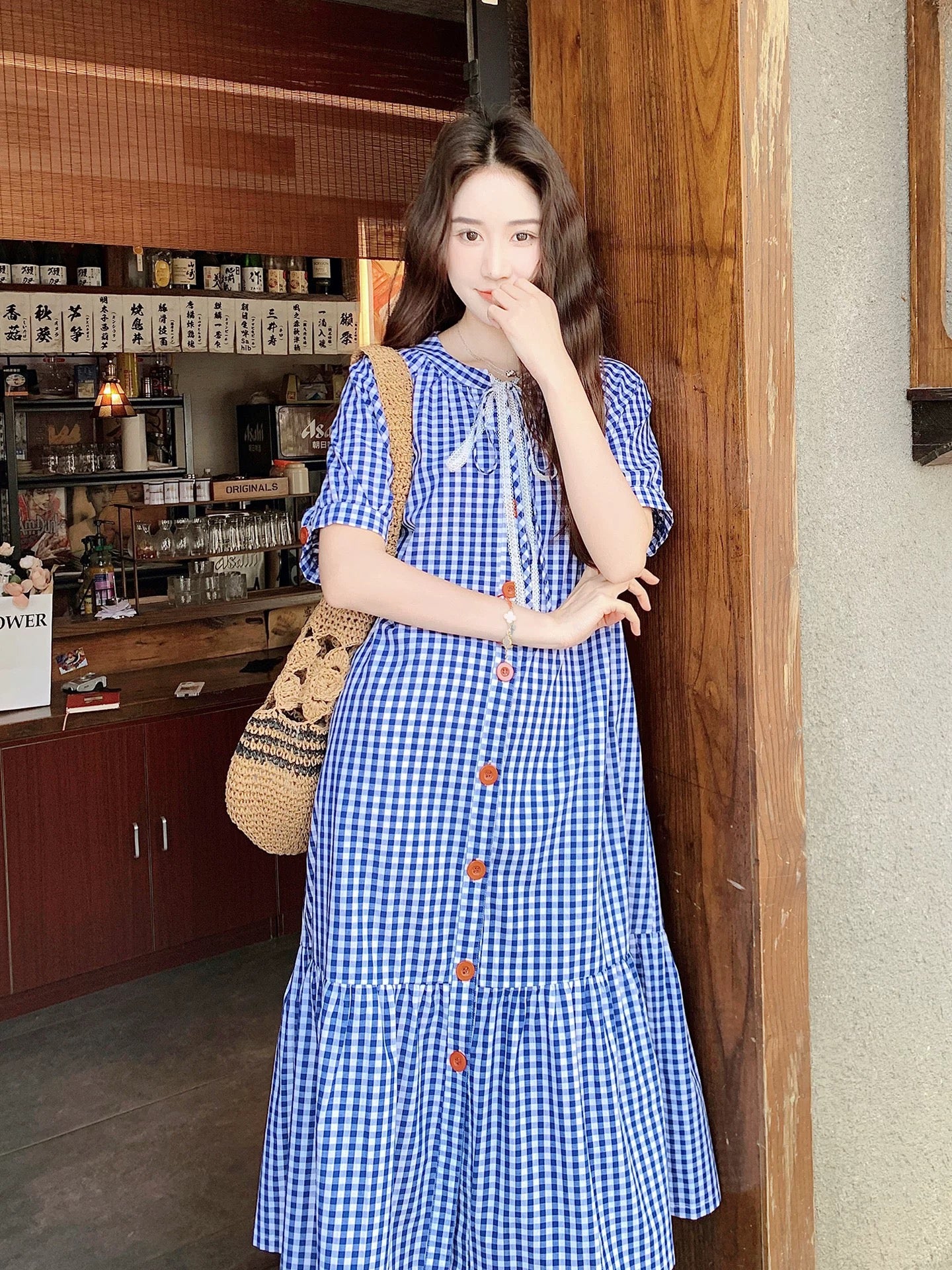 women's blue plaid dress Vanessa Navy Short Satin Dress main image 1