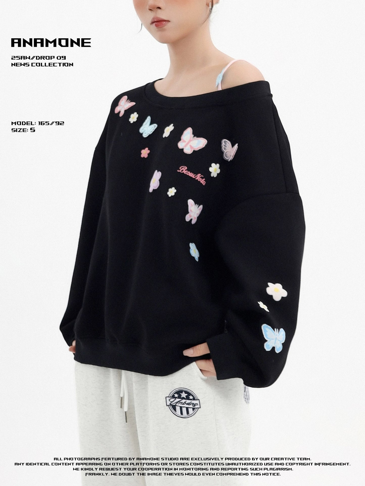 ANAMONE sweet style butterfly flower embroidery off-shoulder sweatshirt women's autumn loose lazy style oversize top
