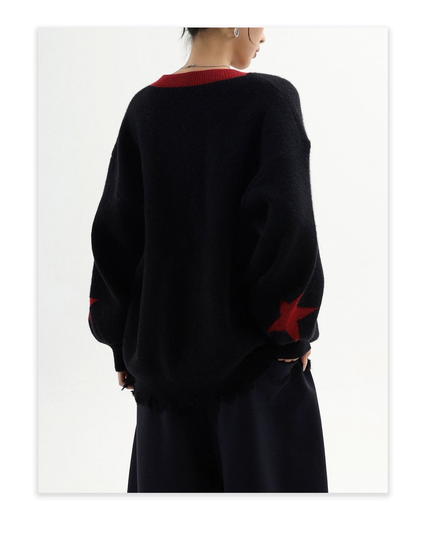 ANAMONE American retro contrast color v-neck sweater women's autumn star plaid embroidery design sweater trend