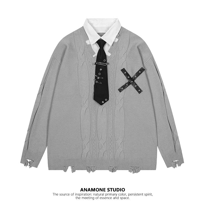 ANAMONE College style fake two-piece splicing sweater women's autumn and winter loose lazy design niche unique style